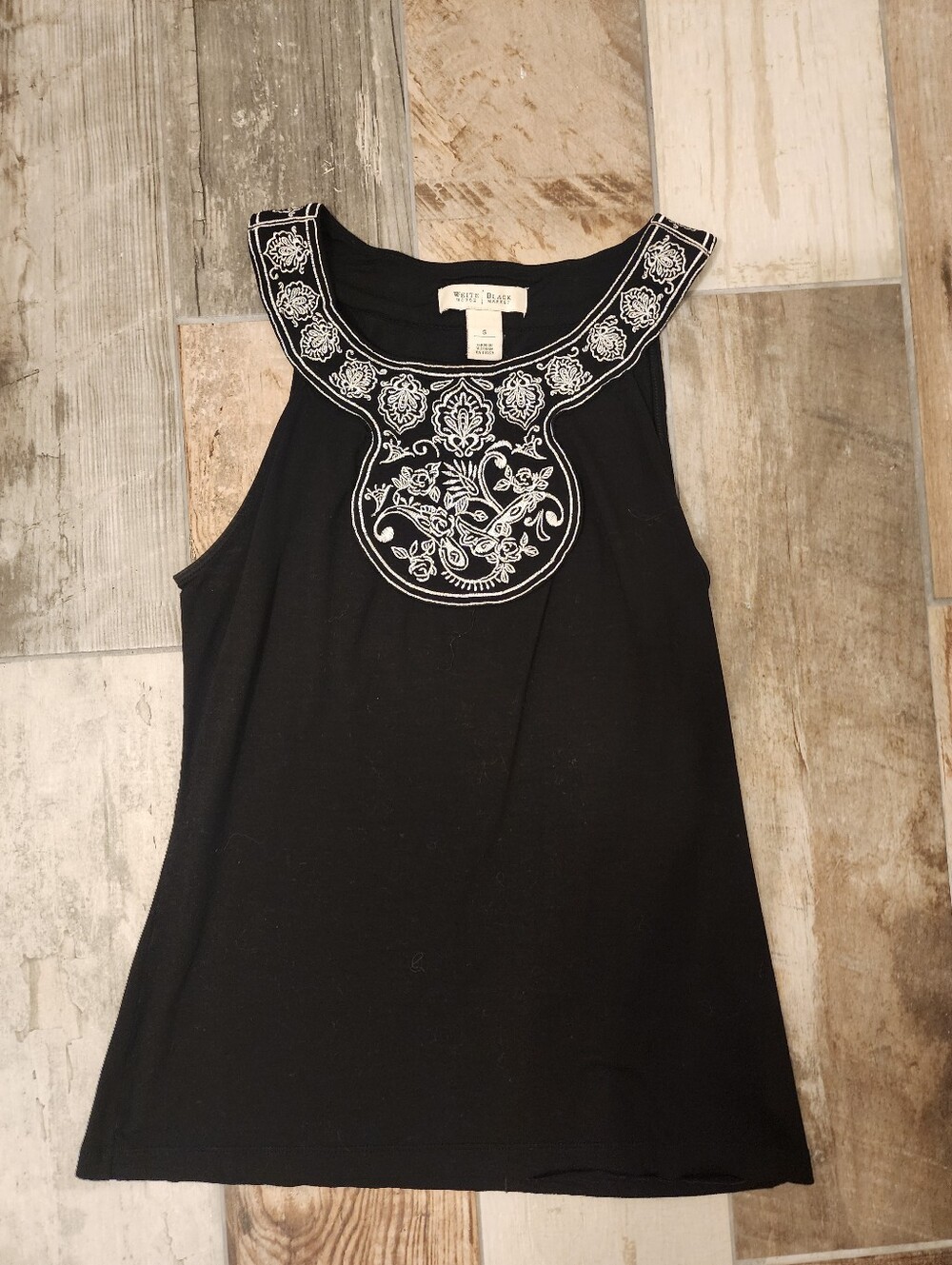 White House Black Market Black Tank with White Embroidered Neckline Detail